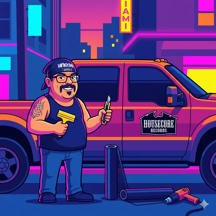 Richard the Rad Dad at work with a squeegee beside his van