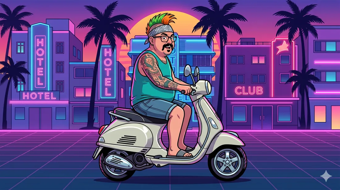 Richard, the Rad Dad — cartoon mascot cruising Miami